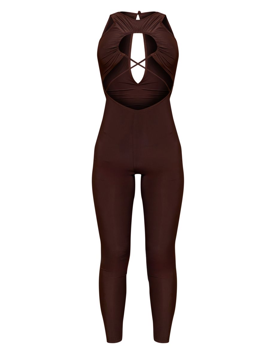 Chocolate Slinky Twist Front Racer Neck Jumpsuit - 4
