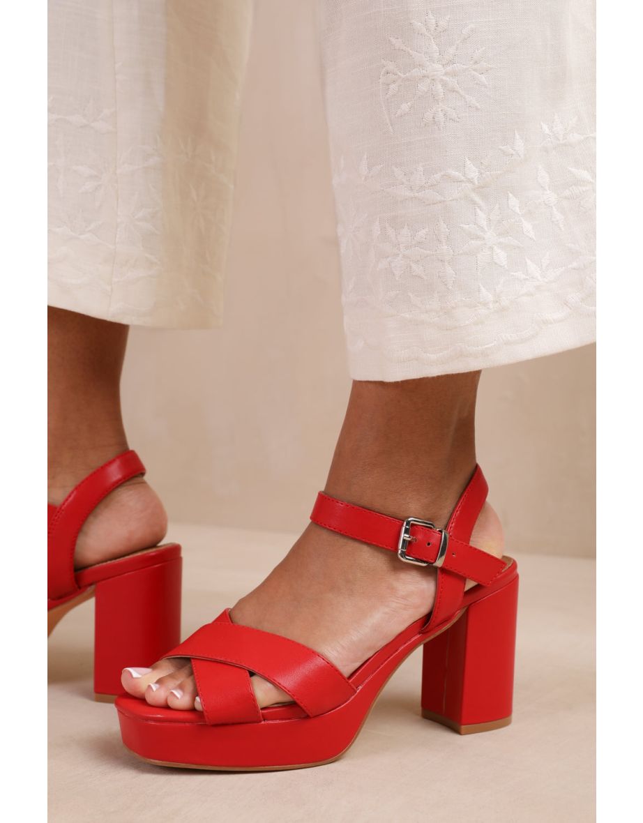 Shop MARCIA WIDE FIT STATEMENT PLATFORM STRAPPY BLOCK HIGH HEELS IN RED FAUX LEATHER Wide Fit Online in Oman VogaCloset