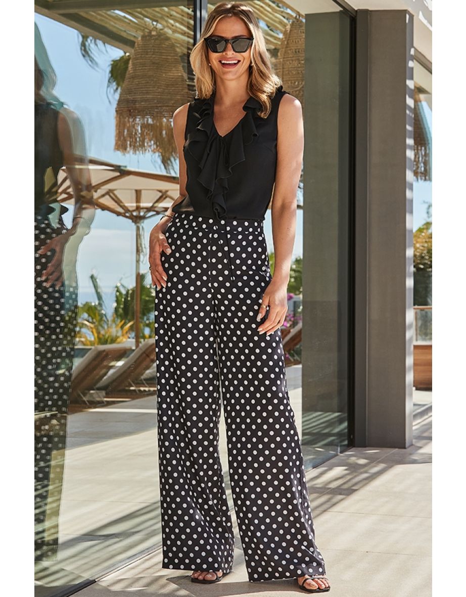Black & White Spot Print Wide Leg Trousers