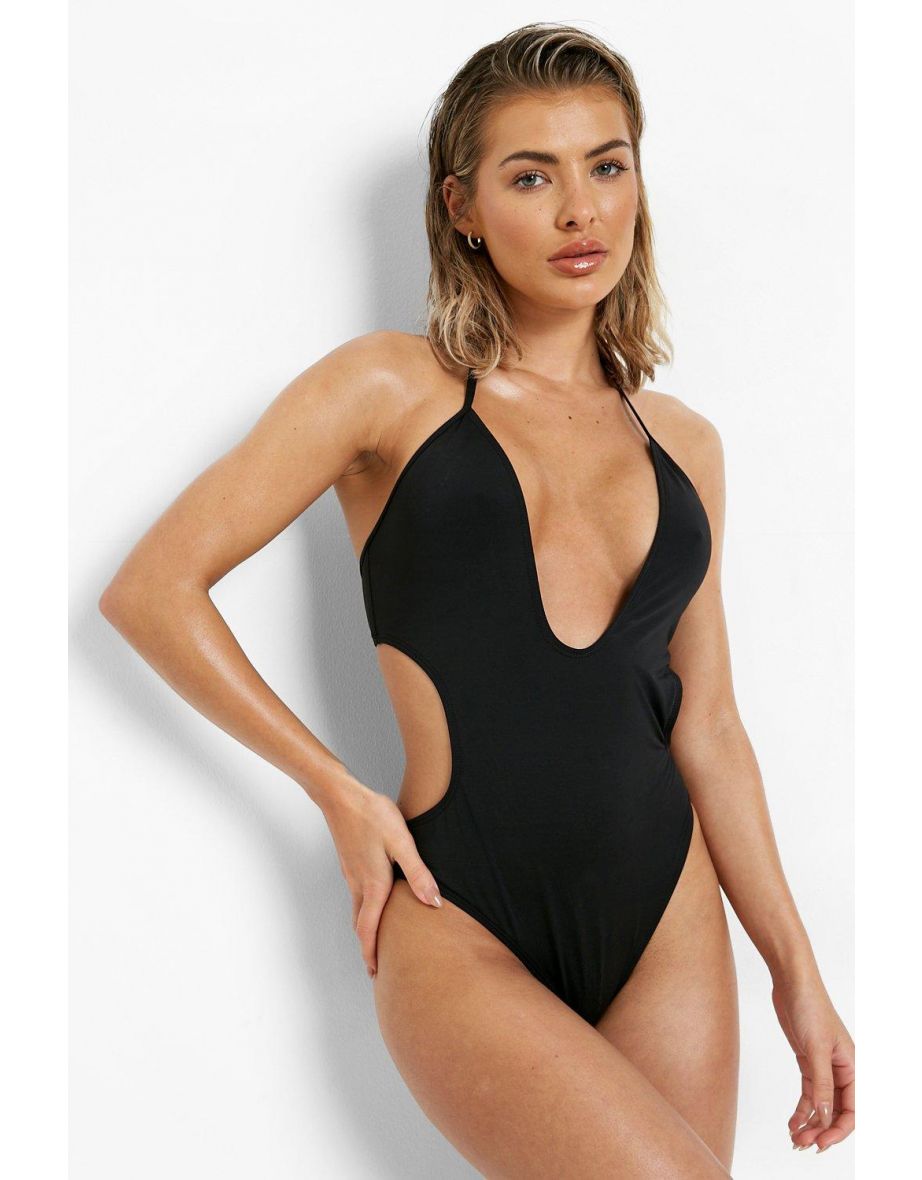 Deep Plunge Cut Out Recycled Swimsuit - black
