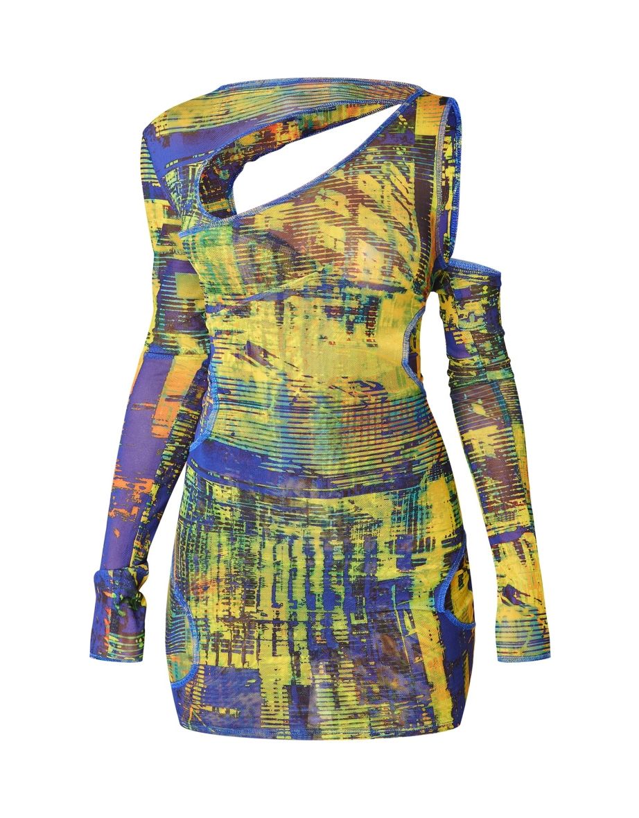 Yellow Grunge Print Tie Dye Mesh Double Layer Cut Out Bodycon Dress - 4