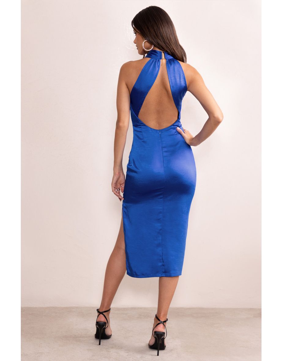 Dazzling | Cobalt Blue Satin Cross Over Halter Neck Midi Dress - 3