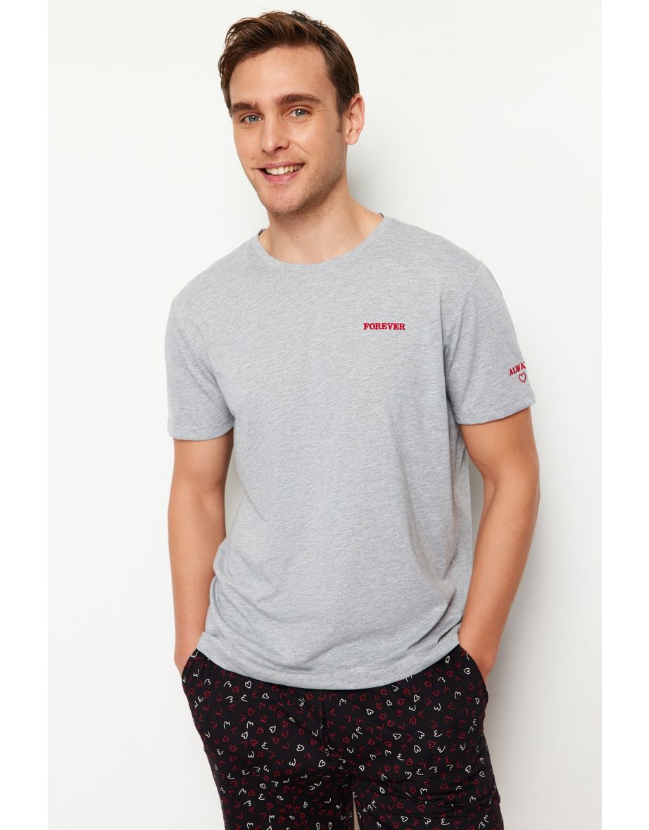 Men's Gray Black Embroidered Regular Fit Knitted Pajamas Set - 7