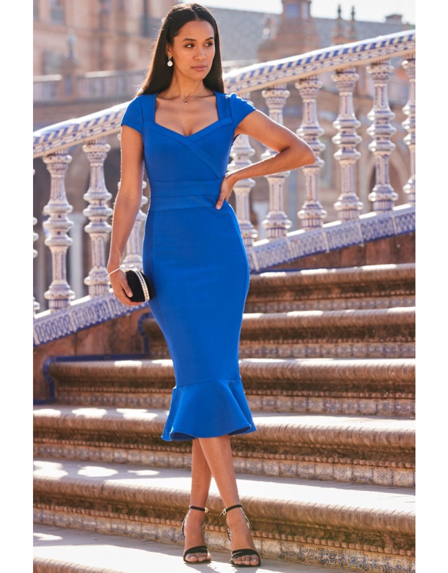 Cobalt Blue Premium Fluted Hem Bandage Jersey Dress