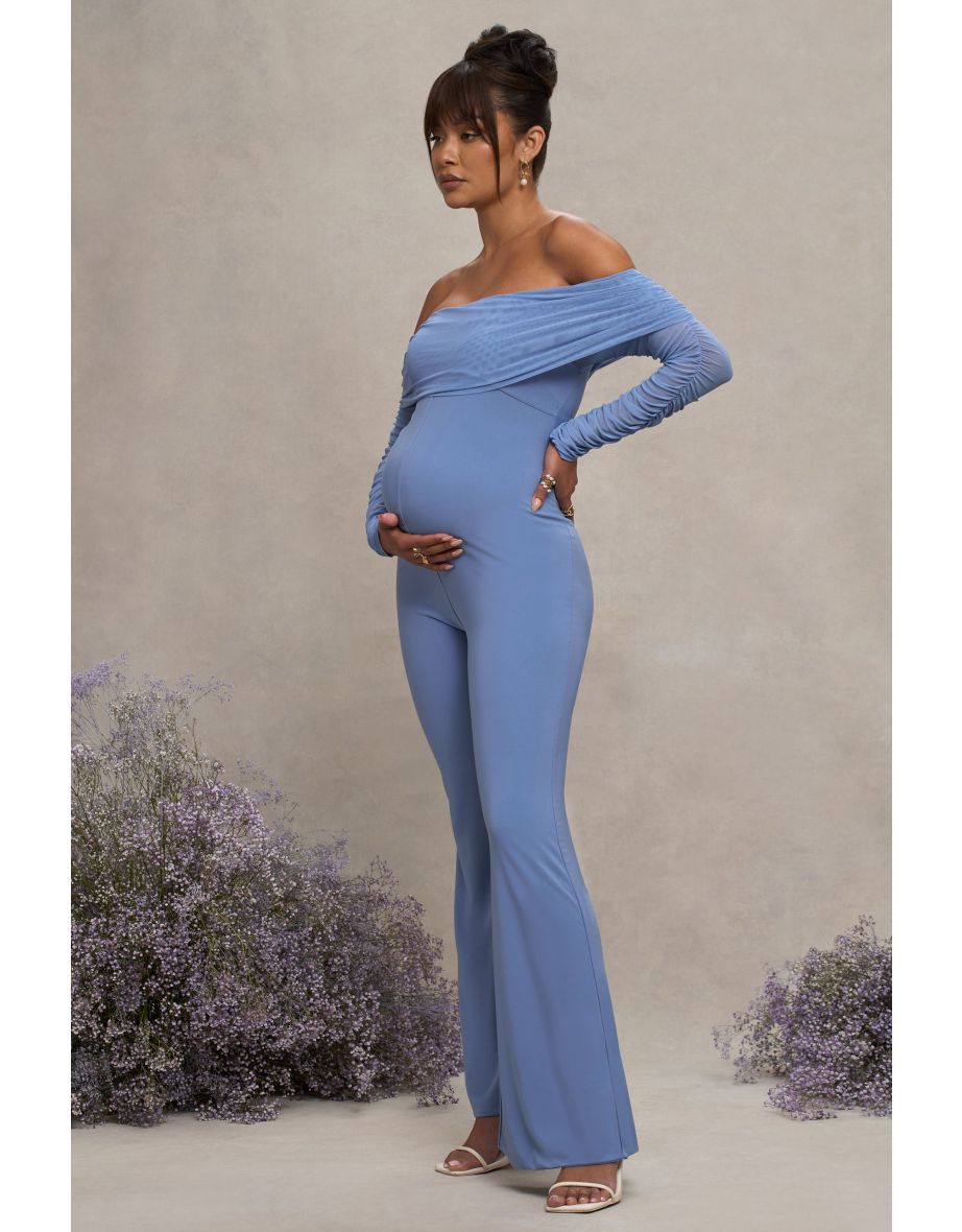Powder Blue Maternity Ruched Mesh Bardot Jumpsuit - 4