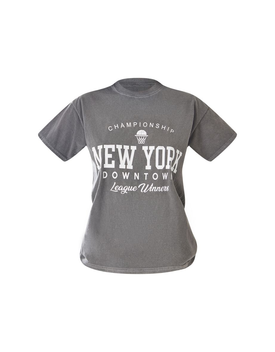 Charcoal New York Downtown Slogan Printed T Shirt - 4