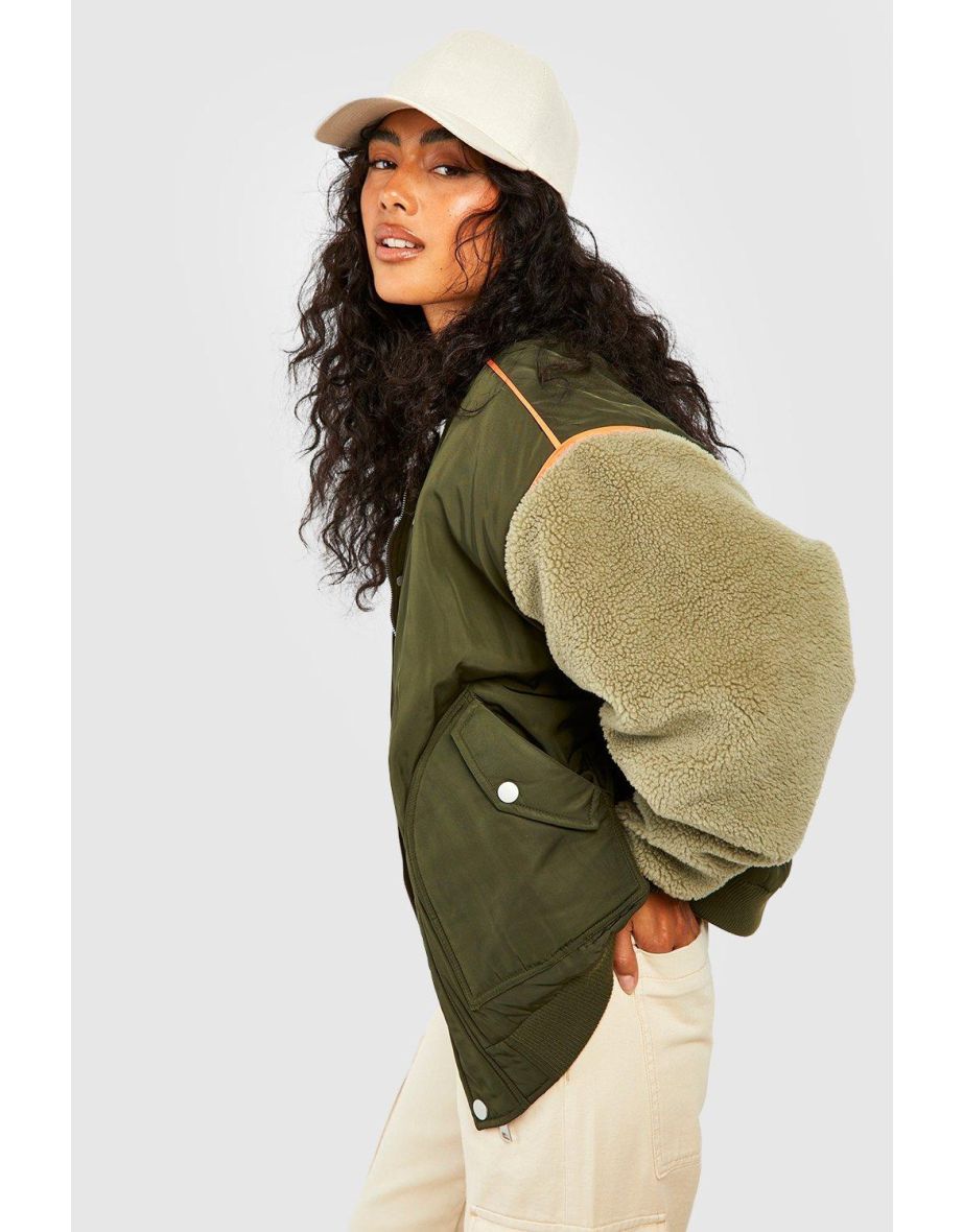 Shop Teddy Sleeve Bomber Jacket khaki Online in Bahrain VogaCloset