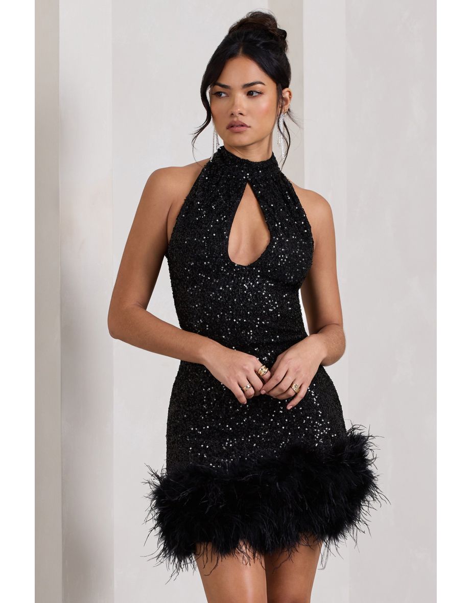 Tillie | Black Sequin High Neck Trapeze Mini Dress With Feather Hem Detail - 4