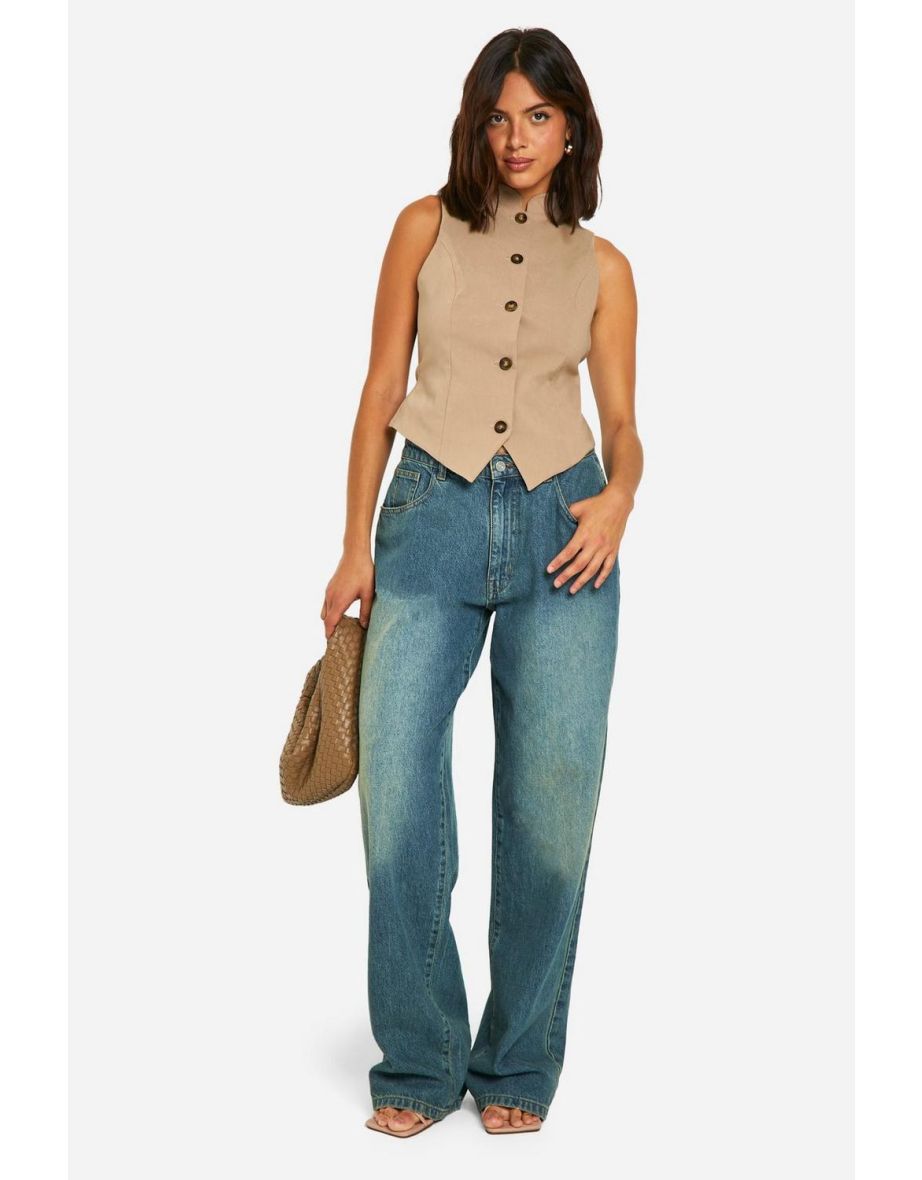 Super Stretch Mock Horn Button Fitted High Neck Waistcoat - camel