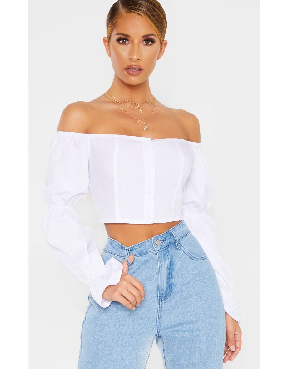 white bardot long sleeve crop top