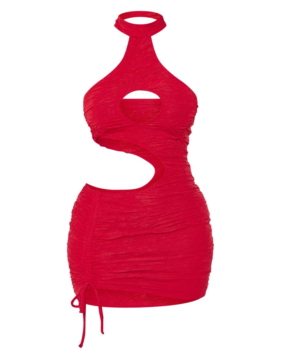 Shape Bright Red Textured High Neck Cut Out Bodycon Dress - 4