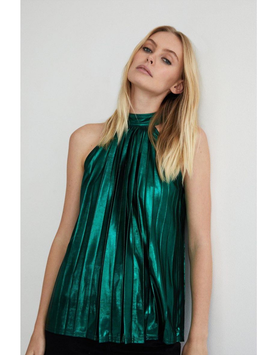 Metallic Lame Pleated Halter Neck Top