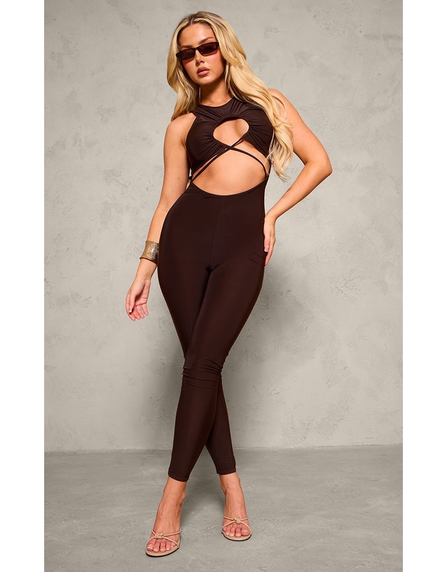 Chocolate Slinky Twist Front Racer Neck Jumpsuit