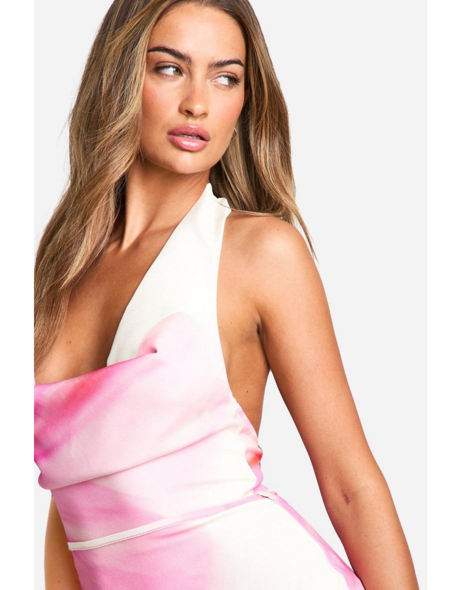 Cowl Neck Satin Floral Tie Back Mini Dress - 3