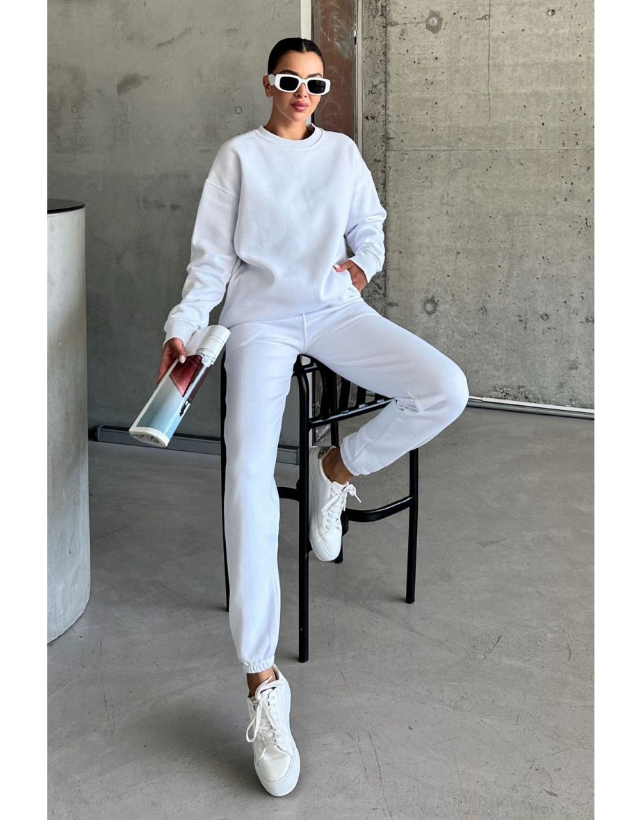 White Crew Neck Plain Oversize Bottom-Top Tracksuit Set - 7