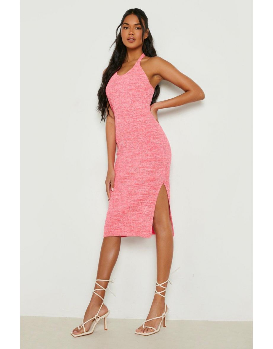 Halterneck Side Split Knitted Midi Dress - pink