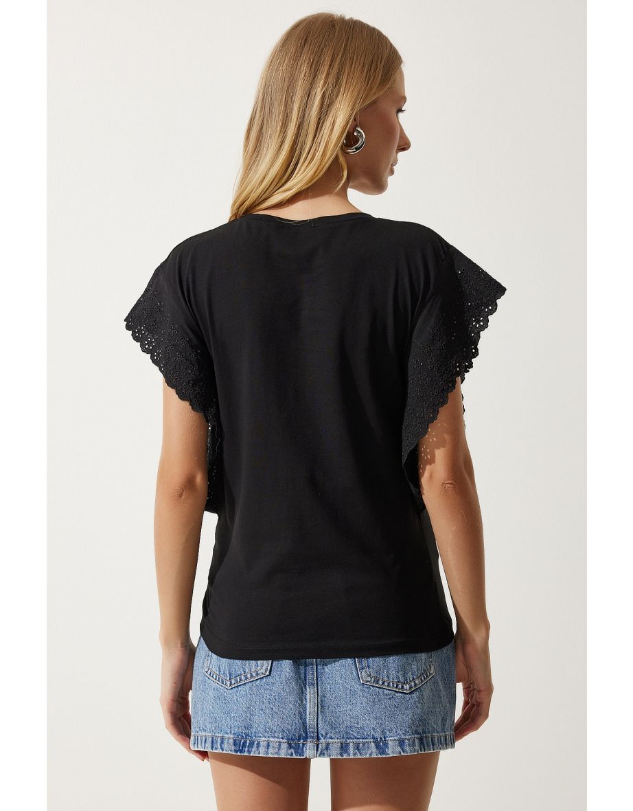 Women's Black Scalloped Knitted Blouse - 6