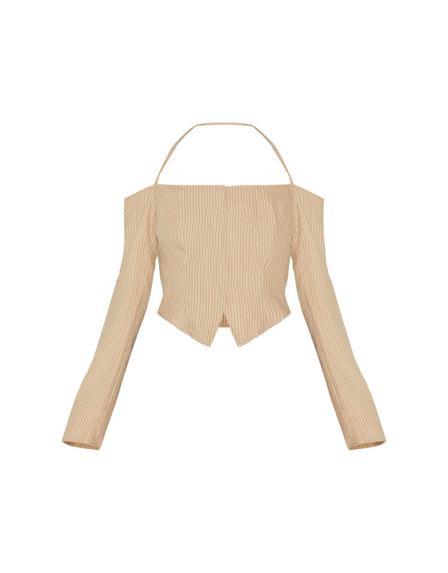 Cream Striped Bardot Peach Skin Flared Shirt - 4