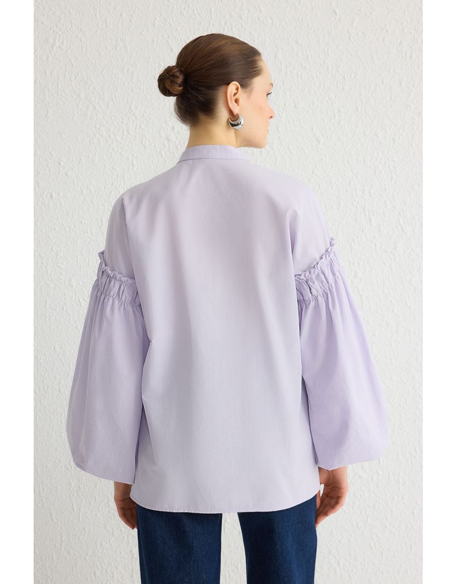 Lilac Balloon Sleeve Cotton Woven Shirt - 4