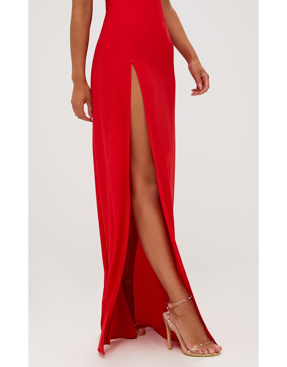 فستان شيفون ماكسي بأربطة خلفية - أحمر - 5
