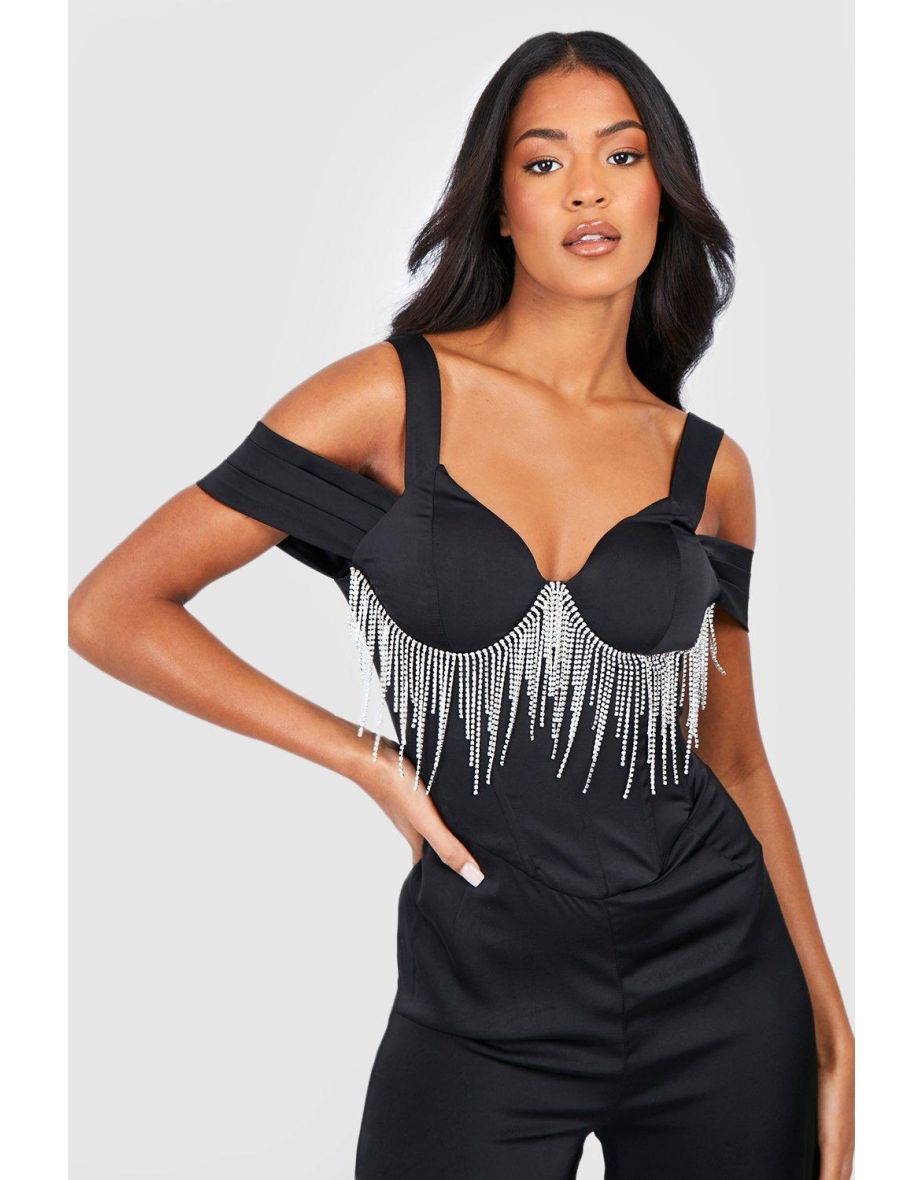 Tall Diamante Trim Satin Jumpsuit - black - 3