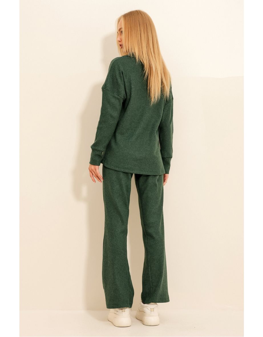 Women's Walnut Green Polo Neck Top And Palazzon Trousers Knitwear Bottom Top Set - 4