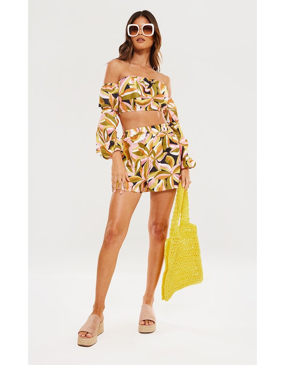 Khaki Floral Print Linen Look Elasticated Beach Shorts