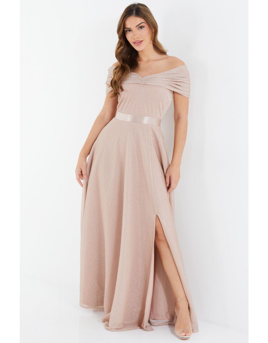 Champagne Bardot Glitter Maxi Dress