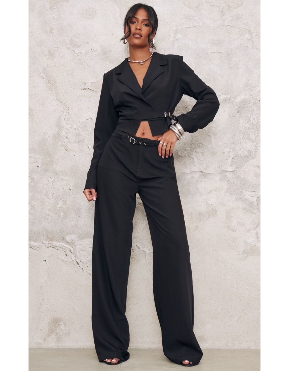 Tall Black Woven Buckle Detail Wide Leg Trousers