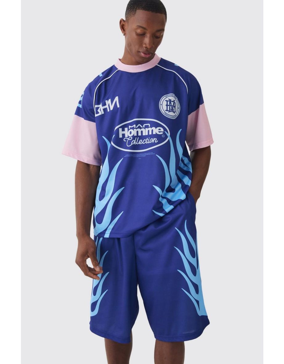 Oversized Extended Neck Mesh Flame T-shirt & Jorts Set - dark blue - 2
