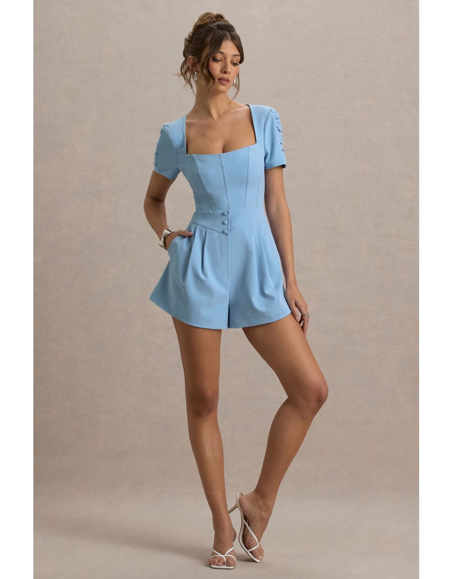 Brizzie | Light Blue Linen Short-Sleeve Playsuit