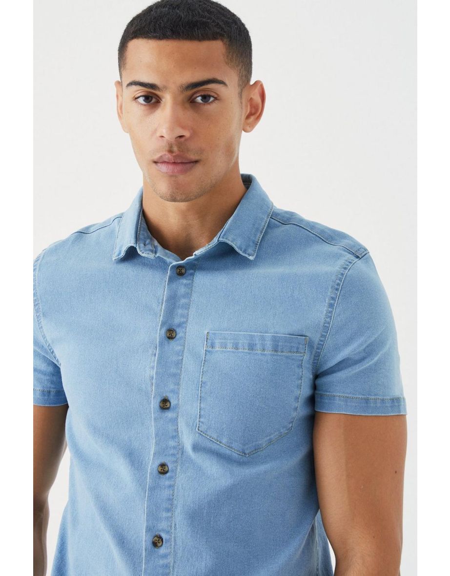 Short Sleeve Muscle Fit Denim Shirt - light blue - 2