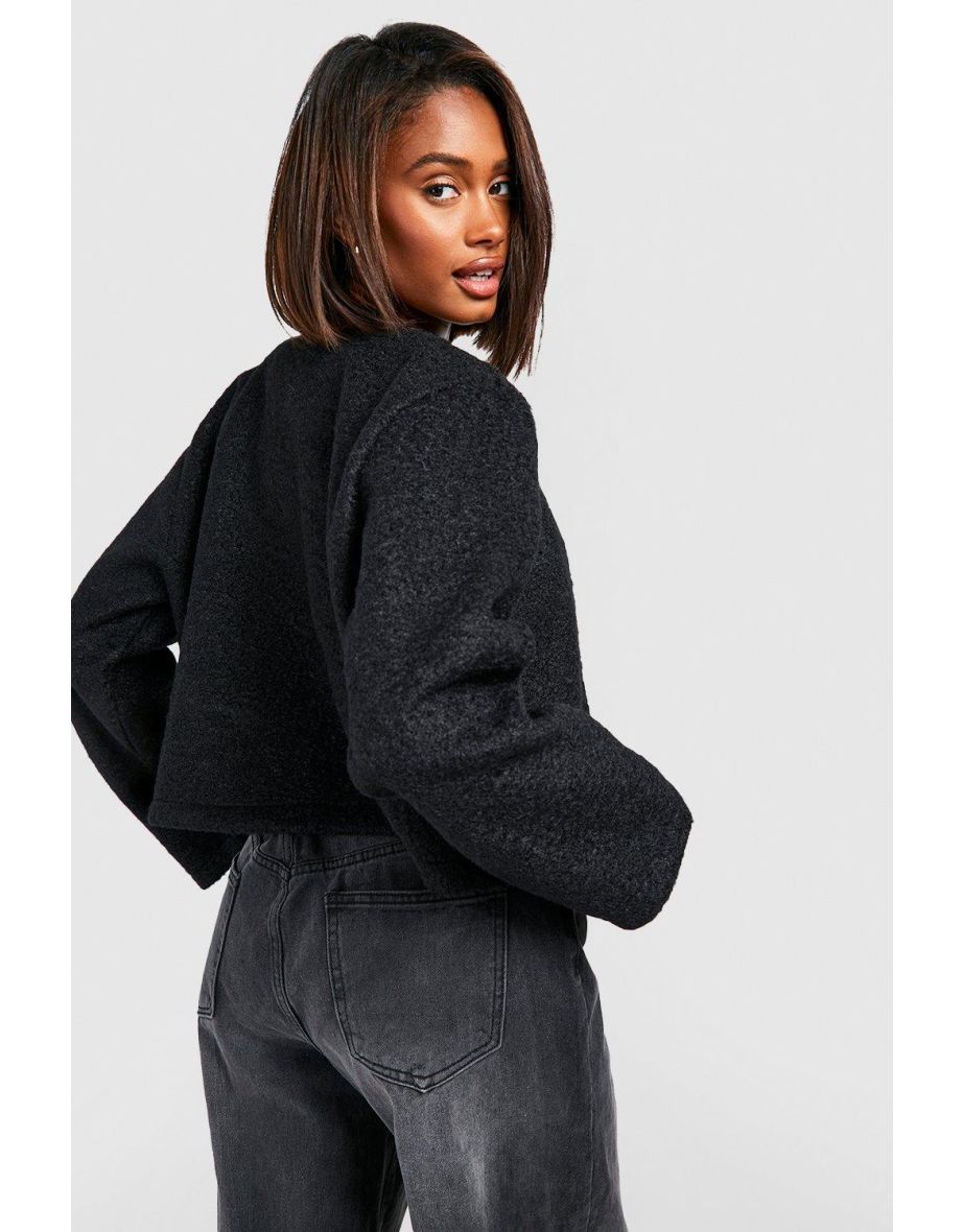 Collarless Textured Jacket - black - 3