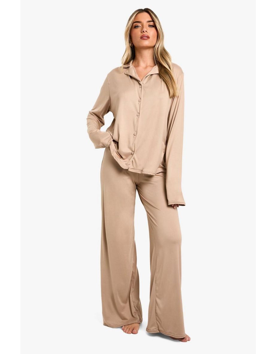 Soft Touch long Sleeve Shirt and Trouser Pyjama Set - taupe