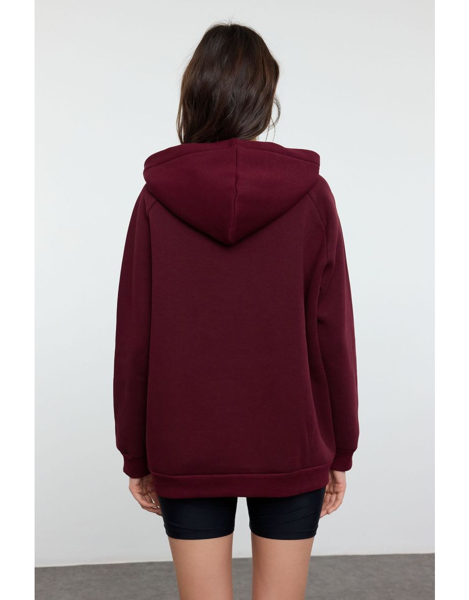 Plum Slogan Printed Oversize/Wide Pattern Thick Inside Polar Fleece Knitted - 4