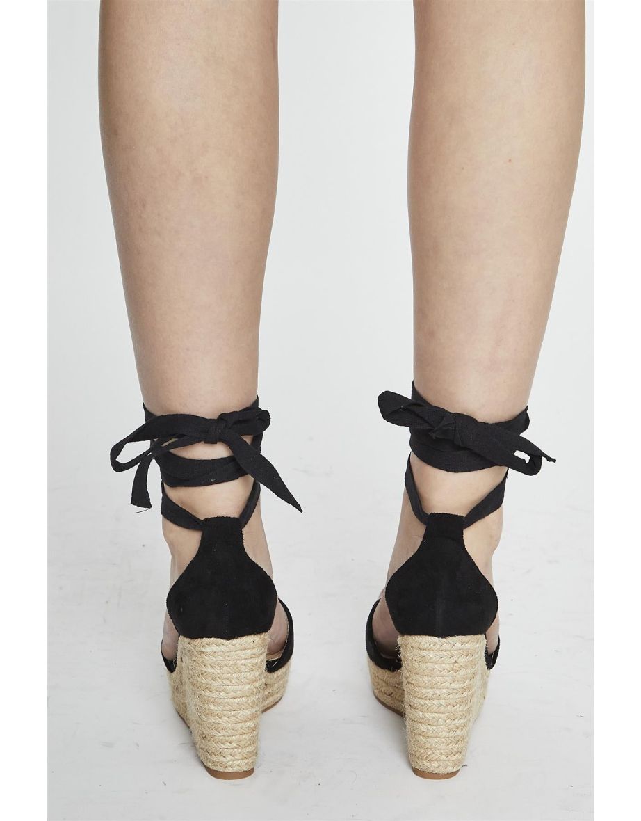 Black Lace Up Espadrille Wedges - 2