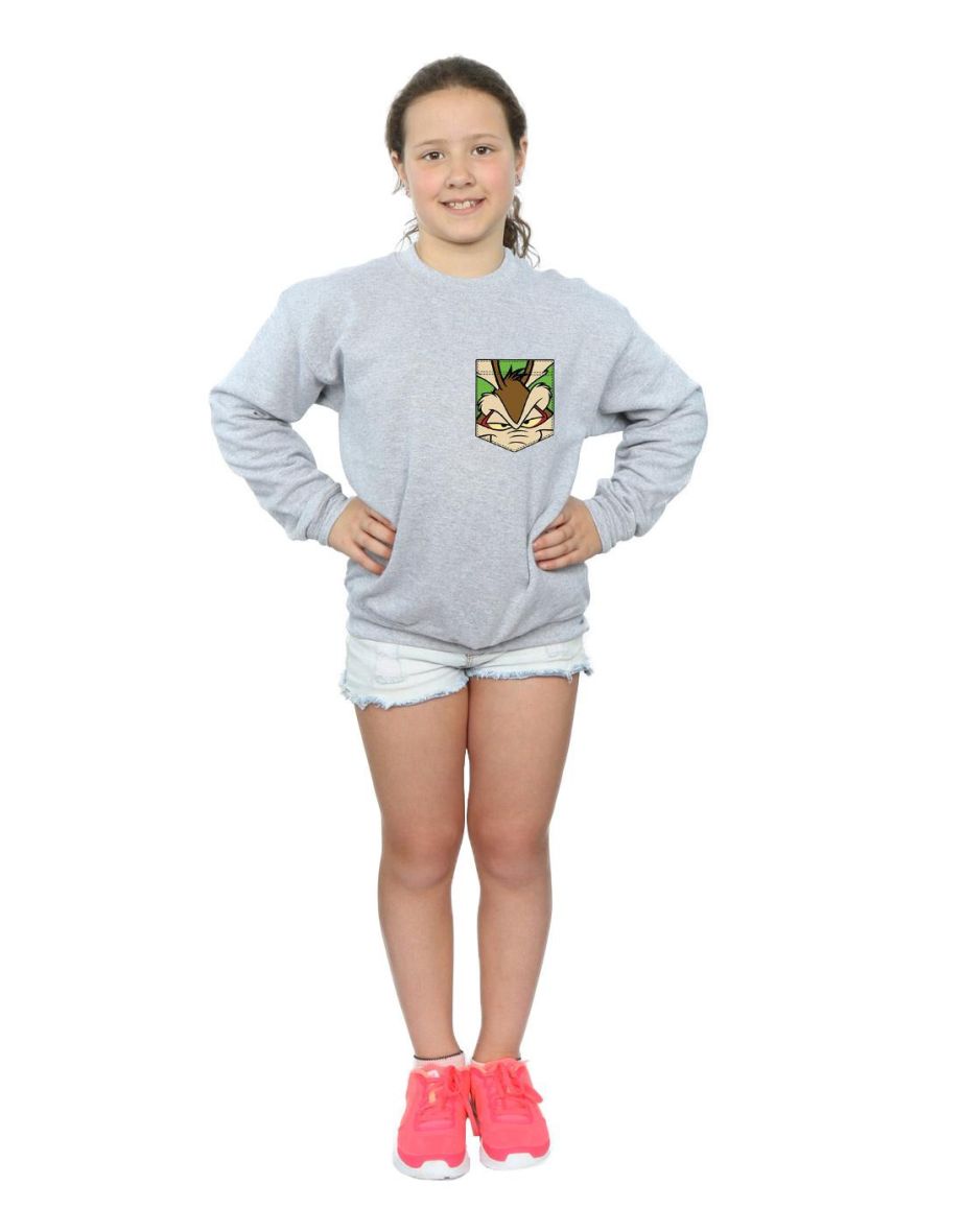 Looney Tunes Girls Wile E Coyote Face Faux Pocket Sweatshirt - Sports Grey - 3