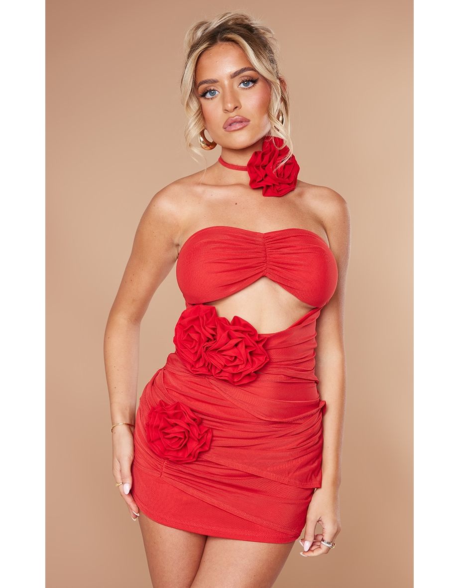 Petite Red Flower Detail Cut Out Mini Dress