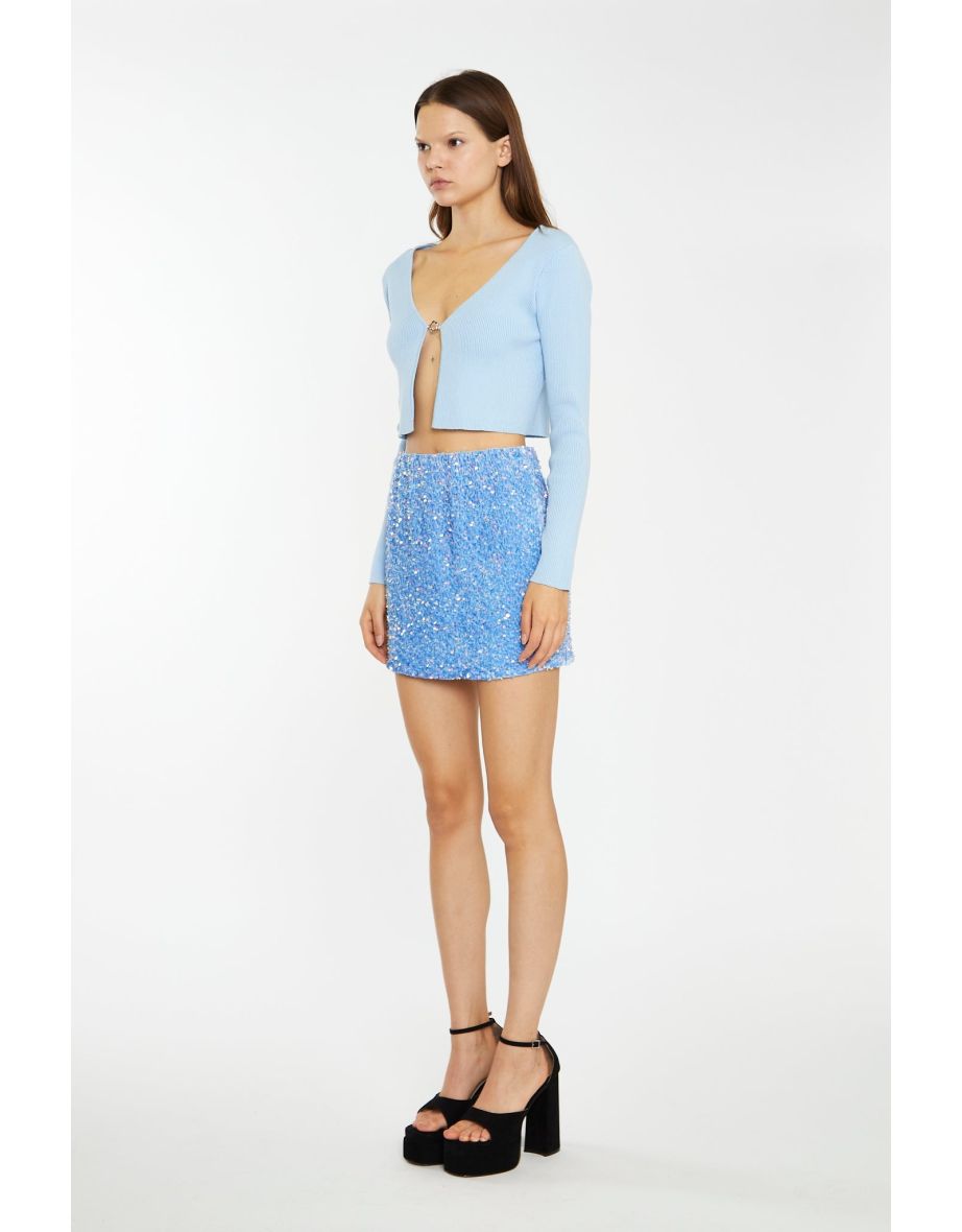 Powder-Blue Velvet-Sequin Bodycon Mini-Skirt - 3