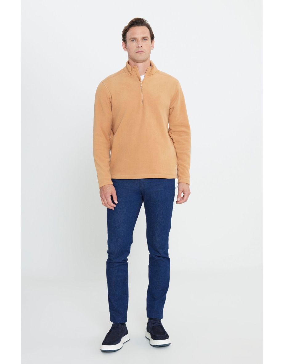 Men's Caramel Anti-pilling Anti-Pilling Standard Fit High Neck Cold Proof Fleece Sweatshirt