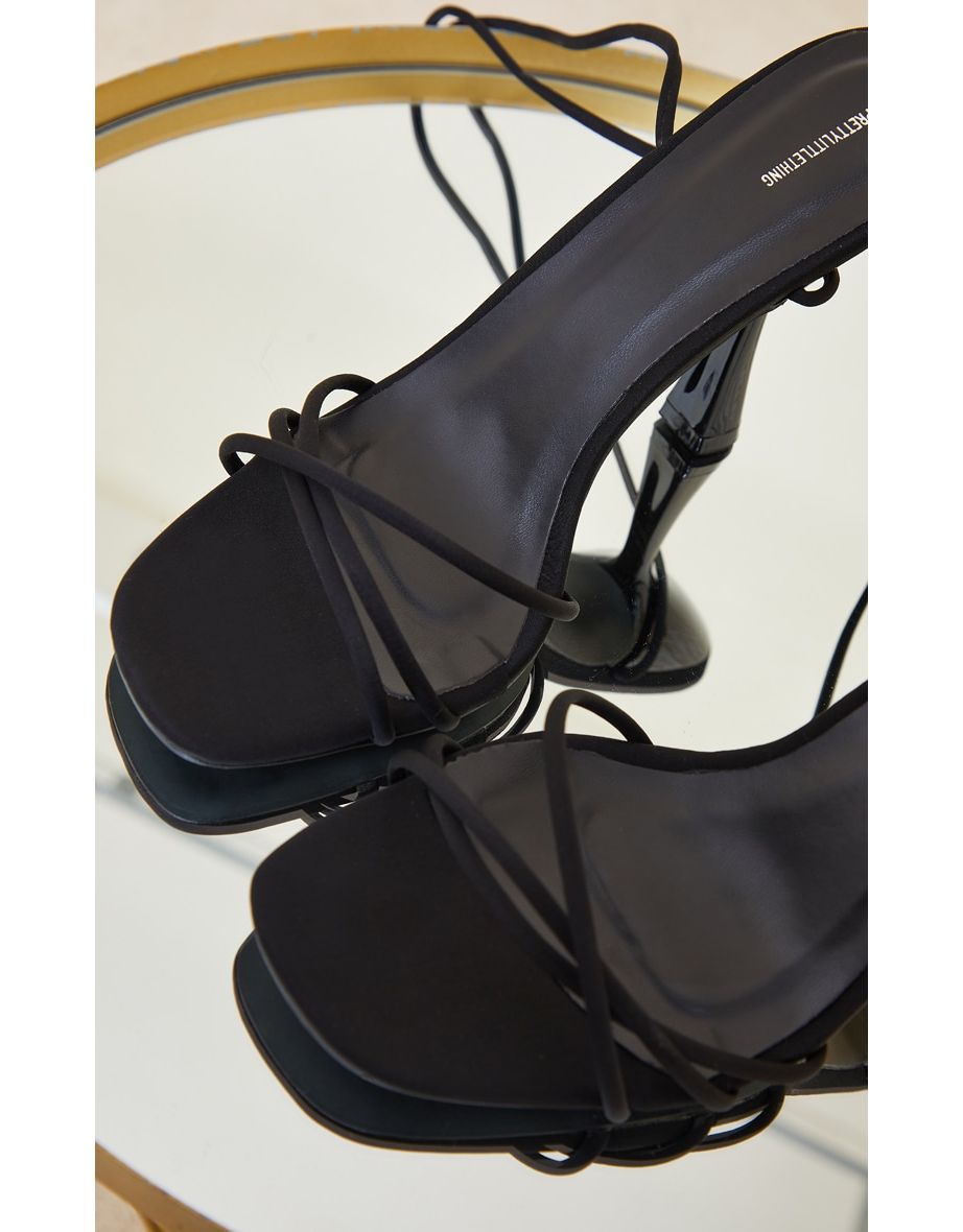 Black Lycra Cross Over Lace Up Cake Stand Mid Heels - 2