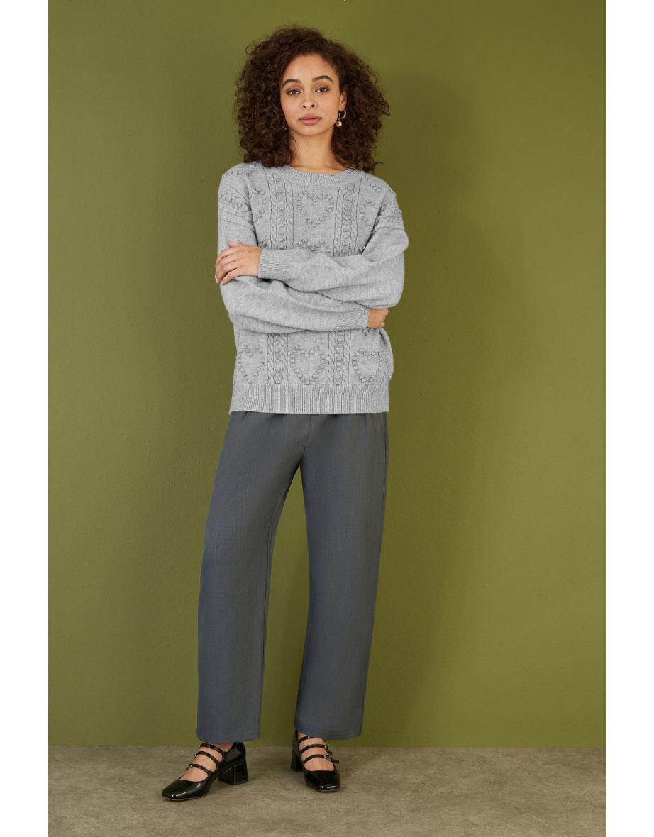 Yumi Grey Heart Knit Relaxed Jumper