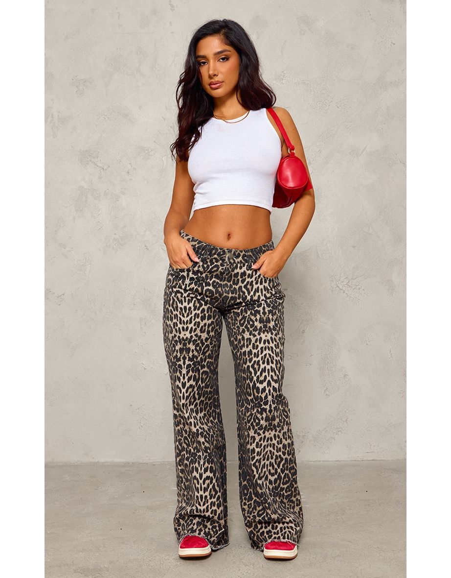 Petite Brown Leopard Print Denim Wide Leg Jeans