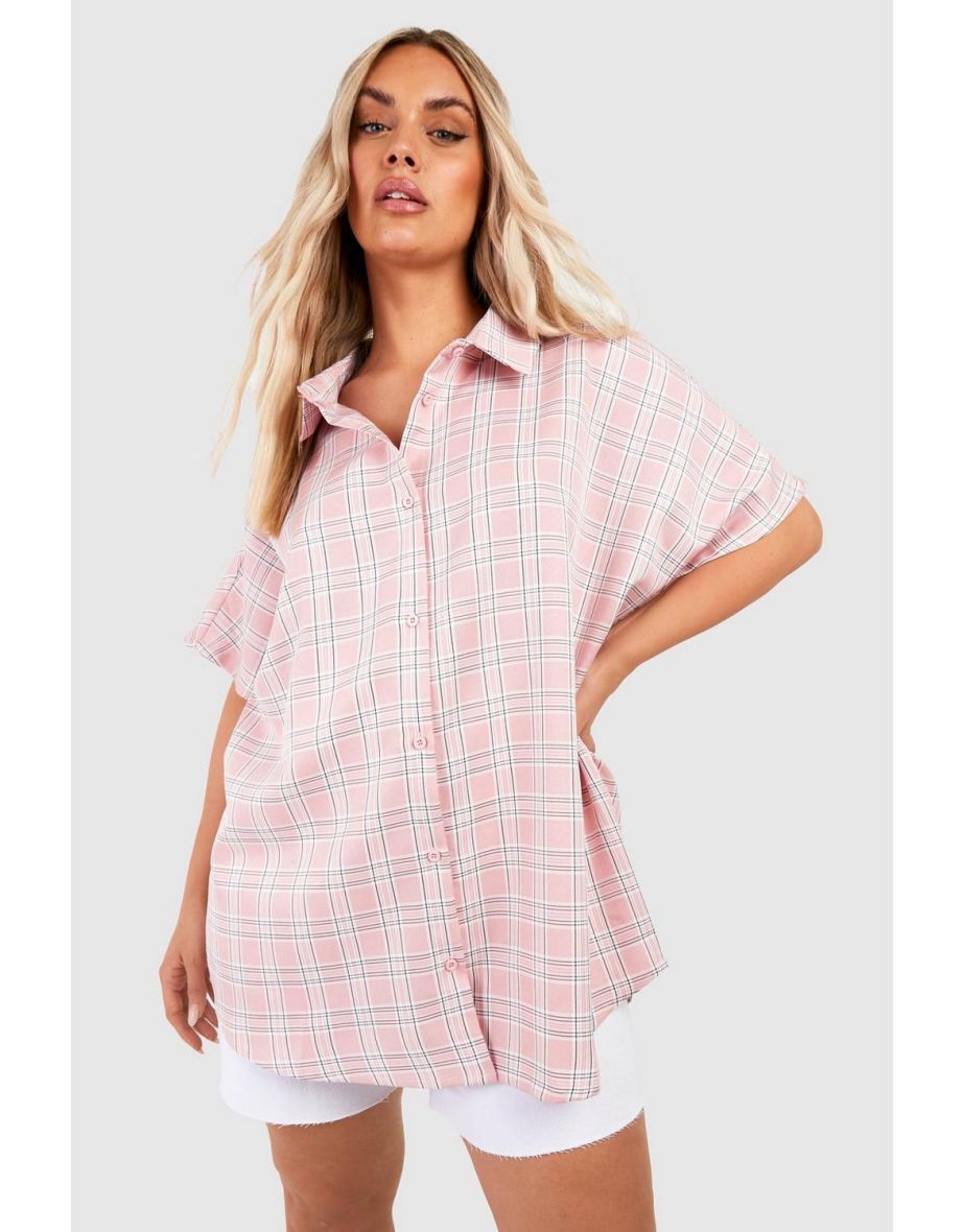 Plus Short Sleeve Oversized Checked Shirt - pink