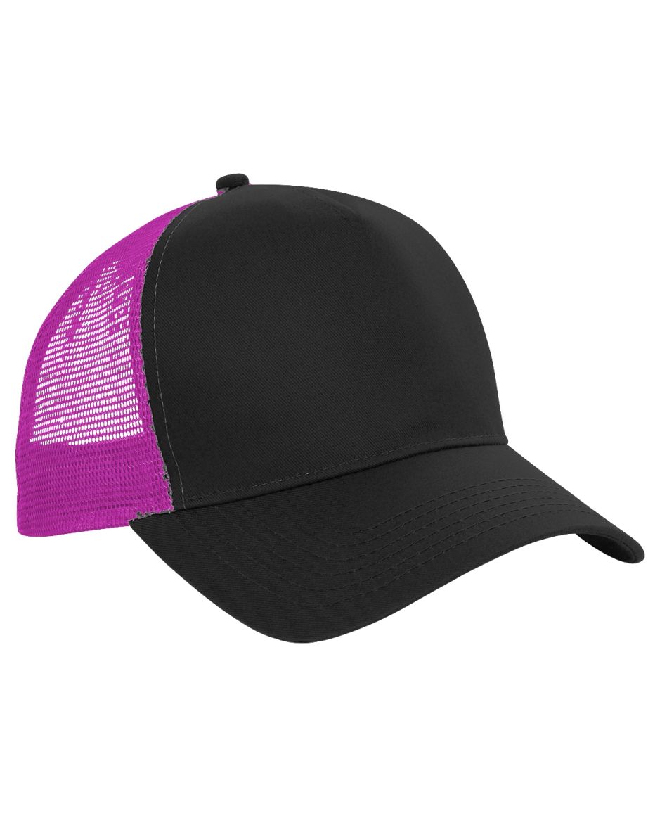 Beechfield Mens Half Mesh Trucker Cap / Headwear - Black/Fuchsia