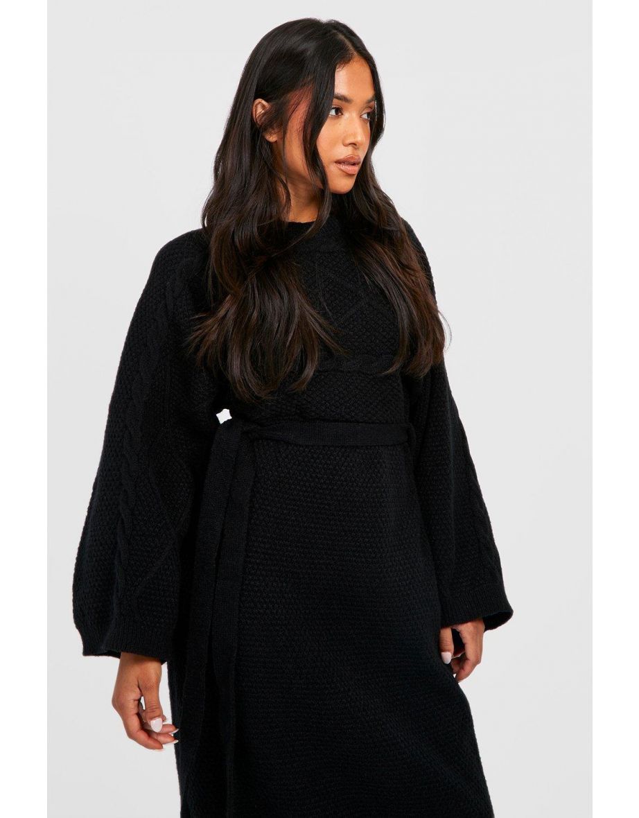 Petite Cable Knit Batwing Belted Jumper Dress - black - 3