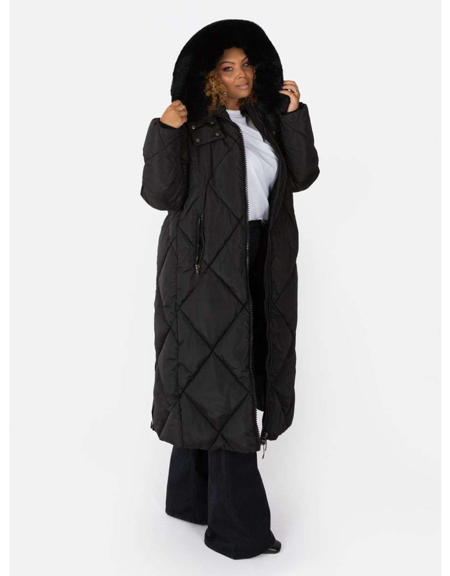 Shop Lovedrobe Black Longline Coat with Removable Faux Fur Hood Online in Bahrain VogaCloset