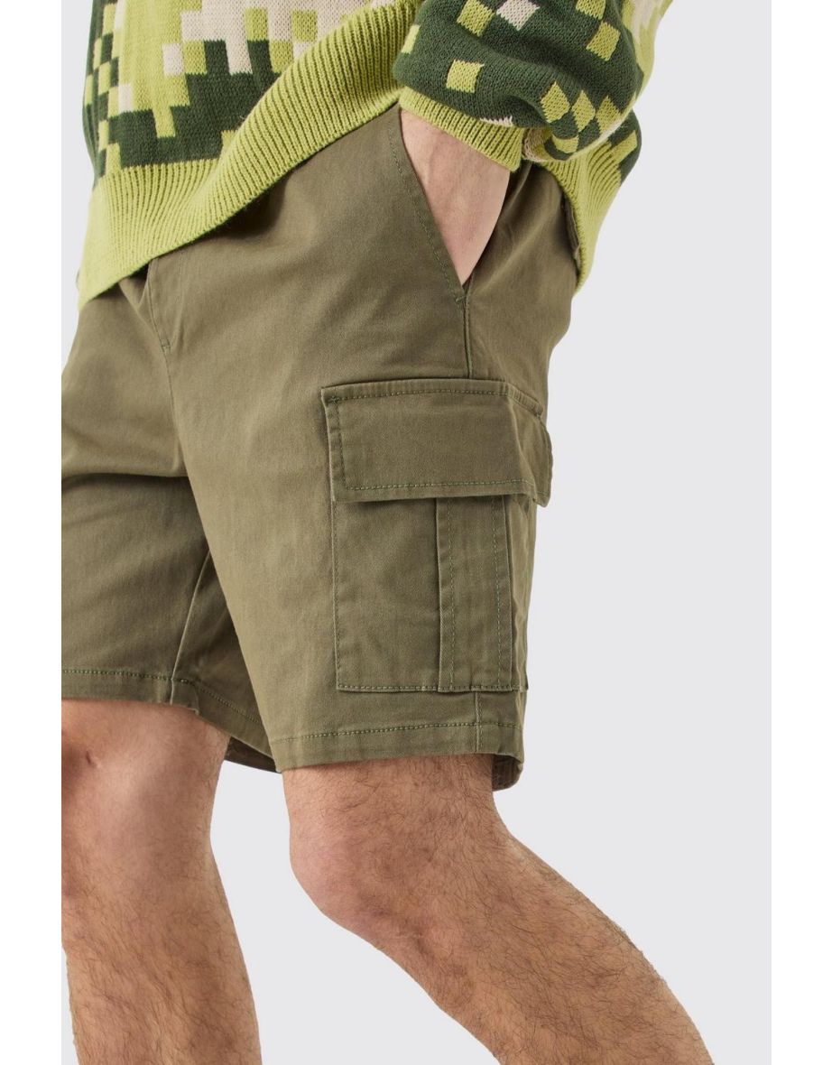 Elastic Waist Khaki Skinny Fit Cargo Shorts - khaki - 2