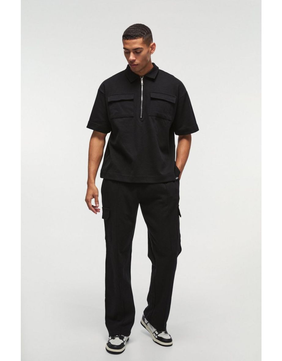 Oversized Interlock Half Zip Cargo Polo And Jogger Set - black
