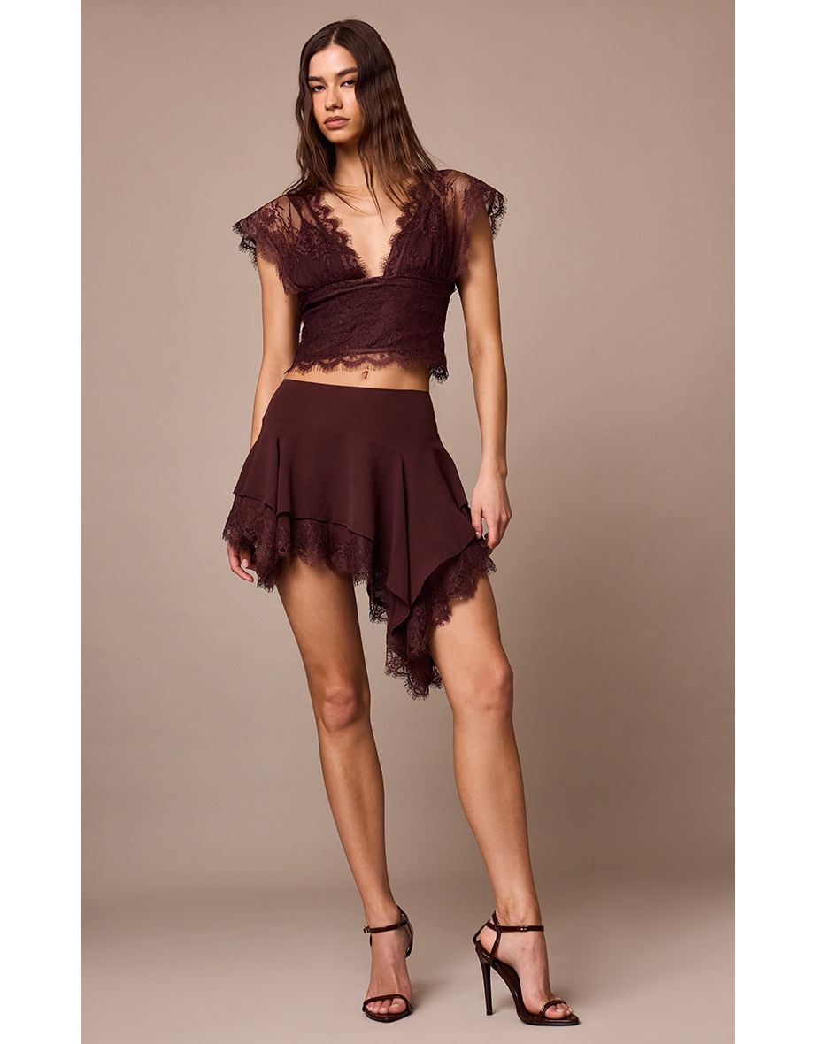 Dark Plum Chiffon Lined Lace Detail Plunge Top